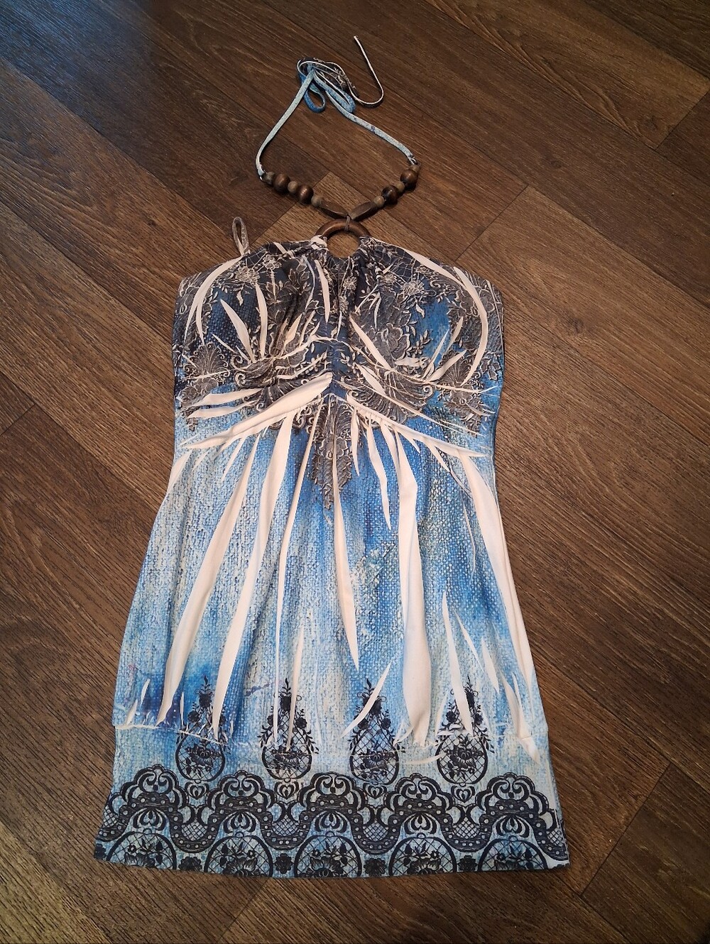 Y2k Blue and white halter top with black ornate lace trim and floral motifs